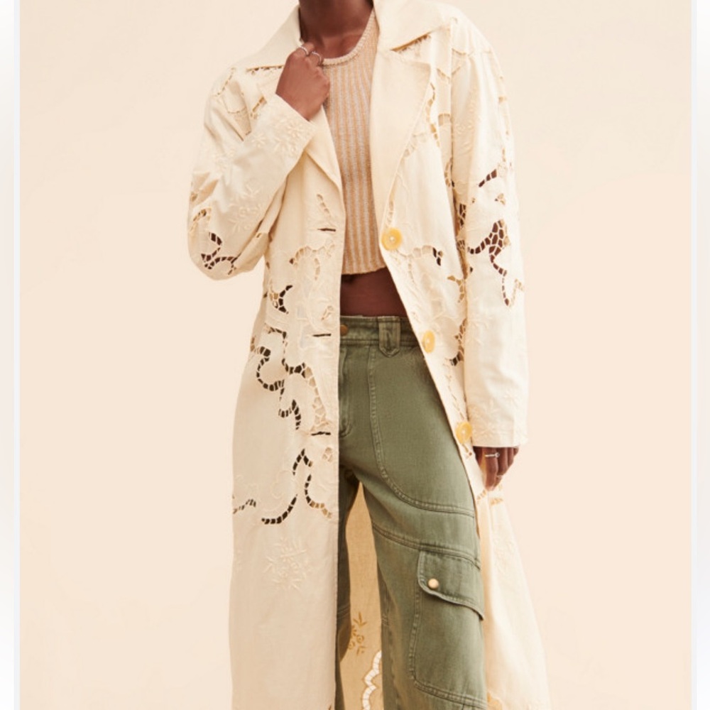 NWT Anthropologie Avec Les Filles Maxi floral Crochet overcoat trench Linen belt